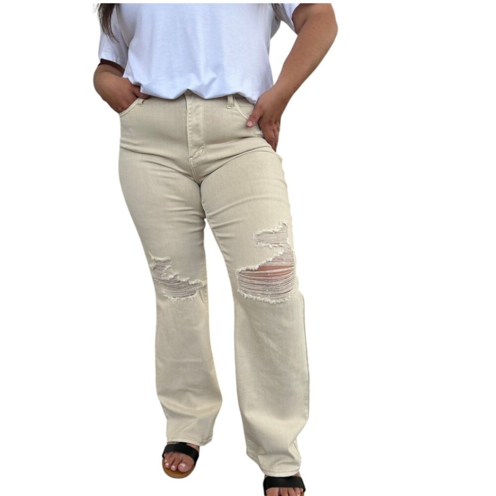NEW Judy Blue Full Size High Waist Distressed Wide Leg Jeans Bone